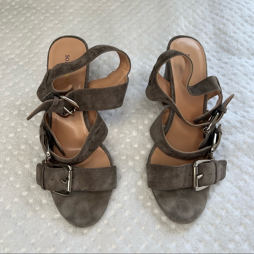 ! Sole Society  Suede Womens Mismatched Gray
Block Heel Strappy Sandals